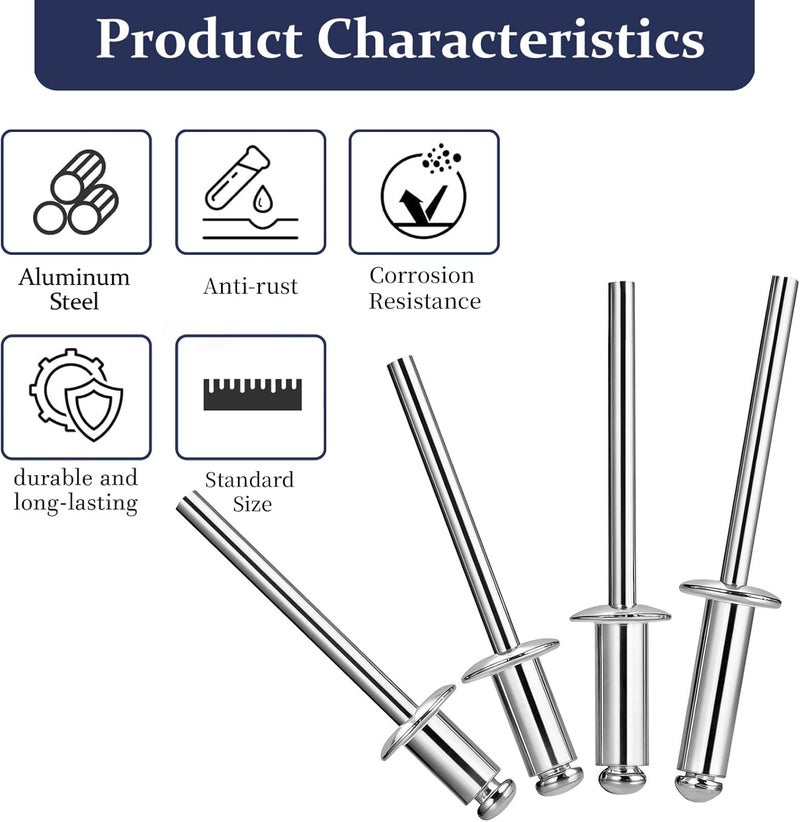 ZQZ 140 Pcs 3/16 Inches Pop Rivets Assortment Kit - 4 Sizes Aluminum Rivets (3/16" x 5/16", 3/16" x 3/8", 3/16" x 1/2", 3/16" x 5/8"), Blind Rivets for Metal Dome Head rivet kit - Image 3
